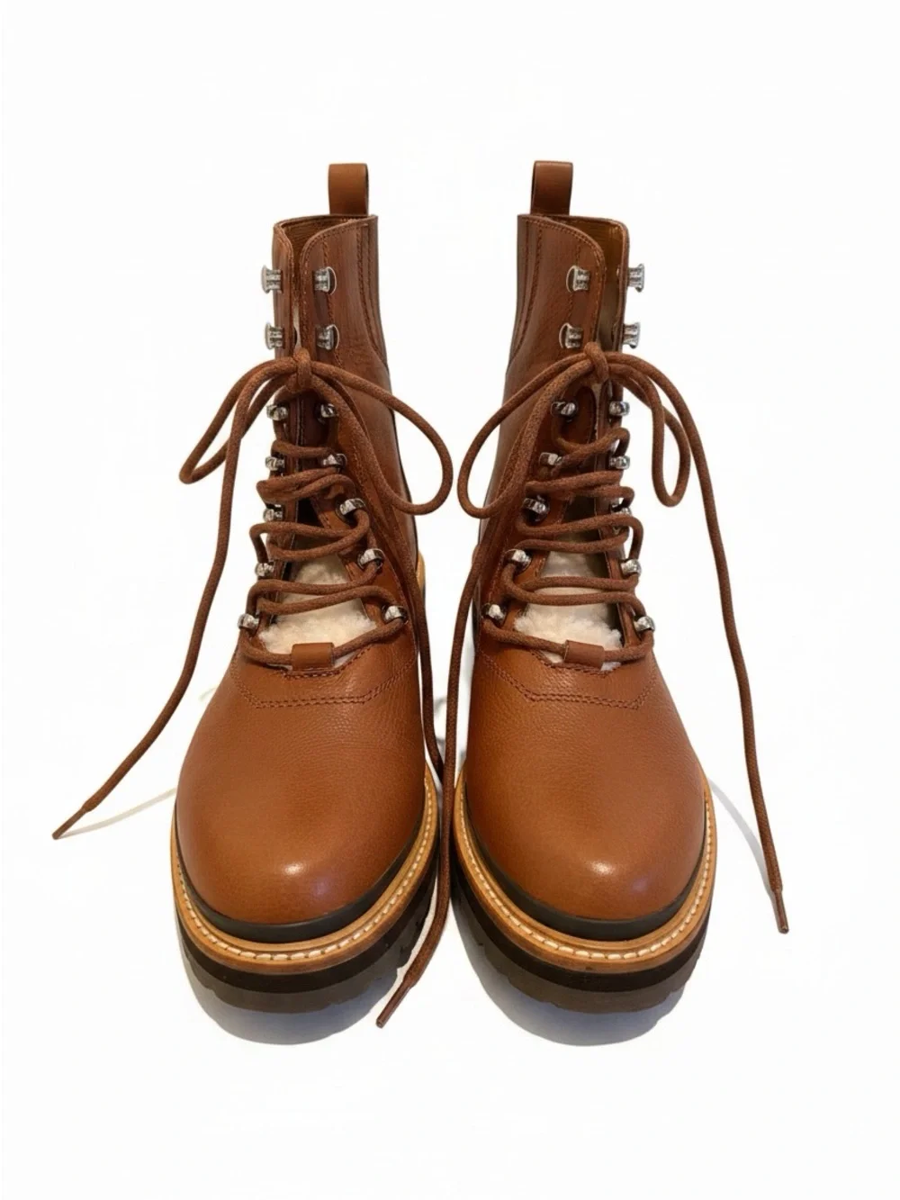 Marc Fisher Tan Brown Leather Lace-Up Shearling Ankle Boots